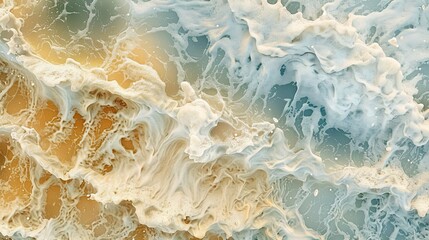 Top view of sea water and foam texture, background with ocean wave with foamy crest, natural marine landscape in bird's eye perspective, AI generated - obrazy, fototapety, plakaty