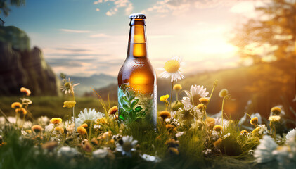 Glass bottle of beer sitting in a field of wildflowers at sunset - obrazy, fototapety, plakaty