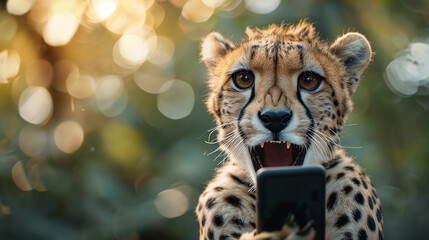 Surprised cheetah holding a smartphone with a comical expression.