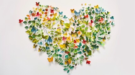Heart made from various flowers  and green leaves on white background, valentines or mother day concept