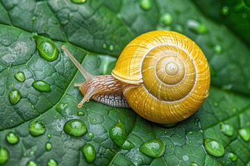Close-up of a snail on a green leaf with water droplets, selective focus. The snail has a shiny, yellow shell and is crawling on the leaf, leaving a trail of slime behind it. - Powered by Adobe