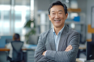 Business man portrait. Asian, middle age, handsome, happy man wearing suit standing in modern office. Smiling male manager looking at camera in workplace meeting area.