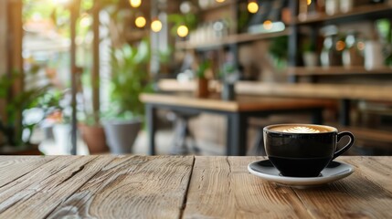 Coffee cup on wooden table in coffee shop, stock photo - obrazy, fototapety, plakaty