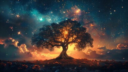 A tree with its roots deep in the ground its branches reaching up towards the stars serving as a metaphor for the flow of energy from the universe into the body. - obrazy, fototapety, plakaty