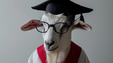 Portrait of goat wearing a graduation cap and glasses.