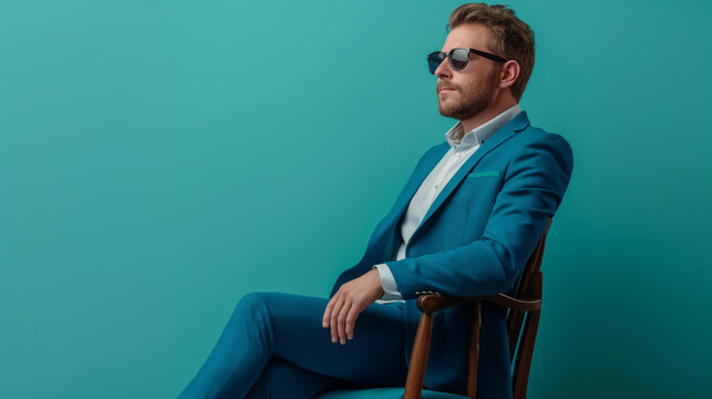 side view of a handsome young man in blue suit and sunglasses sitting on a chair and looking away from the camera on teal color background professional photography.