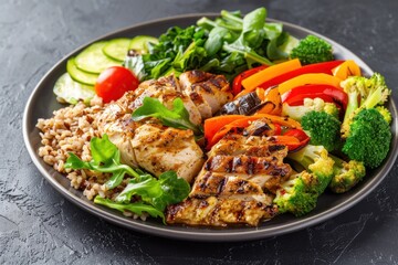 Succulent Grilled Chicken Breast with Nutritious Brown Rice, Freshly Grilled Vegetables, and Flavorful Seasonings - A Wholesome and Delicious Meal for Optimal Health and Wellness