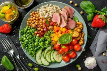 Savor the Delightful Experience of a Wholesome and Colorful Meal with Juicy Pork Tenderloin, Roasted Vegetables, Fresh Greens, and Nutritious Grains Served on a Stylish Plate