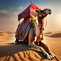  Camel Resting on a Sand Dune - obrazy, fototapety, plakaty