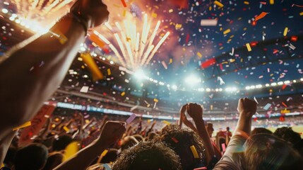The roar of the crowd echoes through the stadium as confetti and fireworks punctuate their jubilation. - obrazy, fototapety, plakaty