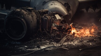 Dramatic illustration of aeroplane accident. Crashed and burnt air plane on sunset background. - obrazy, fototapety, plakaty