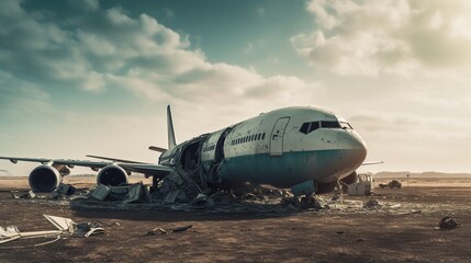 Illustration of airplane crash accident with destroyed plane. Outdoor background.
