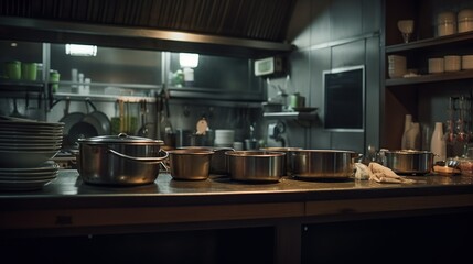 Fototapeta na wymiar Professional restaurant kitchen interior, indoor dark background with furniture and utensils.