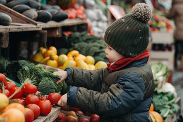 Little boy in a green jacket at a local farmers market stands by a table overflowing with fresh fruits and vegetables looks at a bunch of kale he is holding in his hands