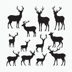 Beautiful deer vector set, black silhouette outline