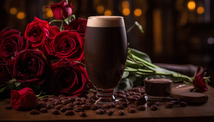 Chilled dark beer in a glass with flowers and roses in background - obrazy, fototapety, plakaty