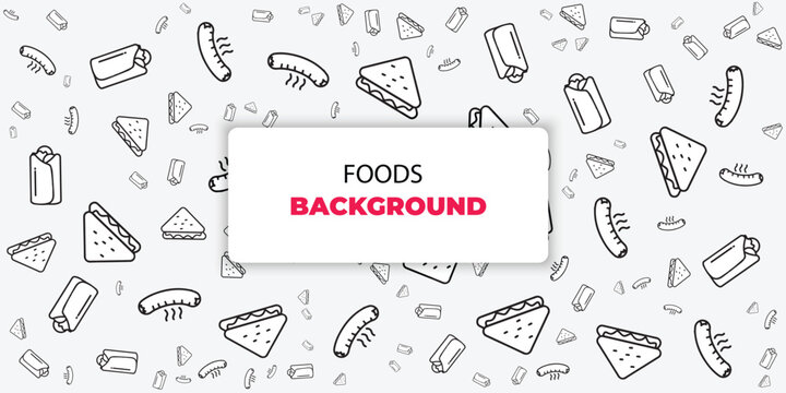 seamless food pattern with modern icon black white. food, pizza, burgers, drinks, sauces and sandwiches, vector background
