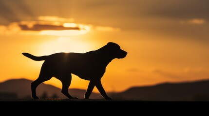 Silhouette of dog on sunset sky.