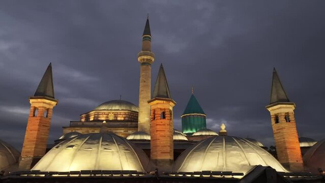 Mevlana Celaleddin Rumi Tomb and Mosque (Mevlana T&uuml;rbesi ve Cami) Night Lights Drone Video, Mevlana Konya, Turkiye (Turkey)