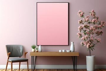 Vertical golden frame mockup close up on wall painted pastel pink color, 3d render