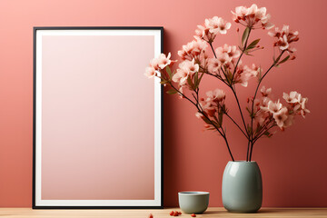 Vertical golden frame mockup close up on wall painted pastel pink color, 3d render