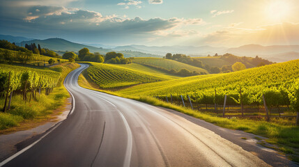 Naklejka premium Road through golden vineyards.