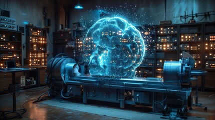 Fototapeta premium An experiment setup with a particle accelerator and brainwave monitoring equipment representing the ongoing scientific research and exploration into the connection between