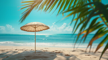 Umbrella on Sunlit Tropical Sandy Beach.