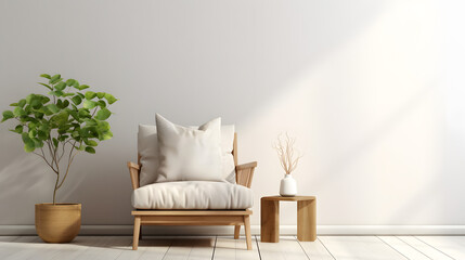 Fototapeta premium Wall mock up in white simple interior with wooden furniture, Scandi-Boho style