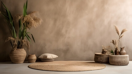 Wall mockup in nomadic boho interior background with rustic decor