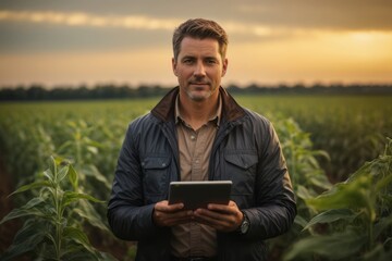 Naklejka na ściany i meble male agronomist using digital tablet in soybean field
