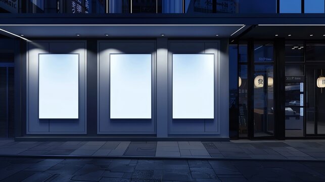 Storefront signage mockup illuminated at night enhancing visibility for passersby minimal design