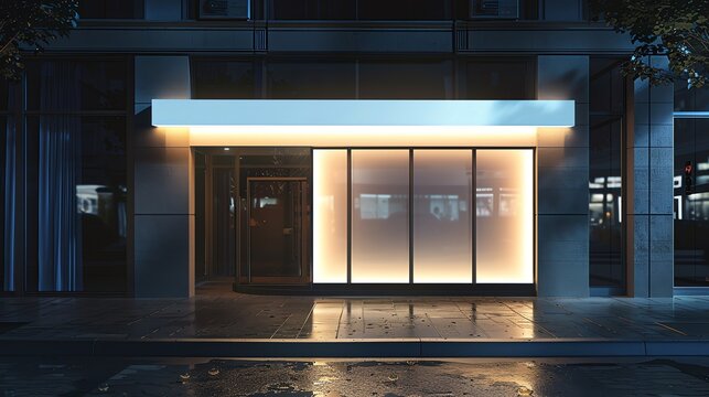 Storefront signage mockup illuminated at night enhancing visibility for passersby minimal design