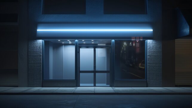 Storefront signage mockup illuminated at night enhancing visibility for passersby minimal design