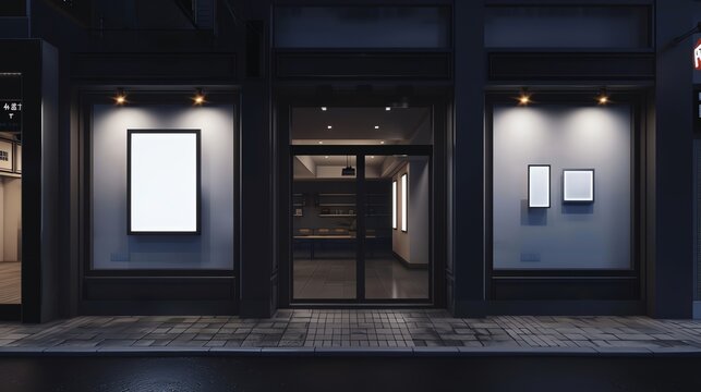 Storefront signage mockup illuminated at night enhancing visibility for passersby minimal design