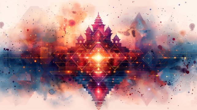 A geometric pattern of triangles and circles forming the Sri Yantra symbol and representing cosmic energy and balance.