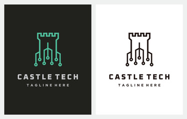 Castle Tech Digital Fortress Line Art logo design inspiration