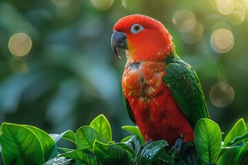 Obraz premium Eclectus parrot sitting on branch of tree in green jungle. Cute colorful wild Macaw parrot of scene from tropical forest. Exotic domestic pet concept for pet shop with free place for text.