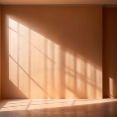 Blank beige neutral backdrop of home interior wall with light streaming, for product mockup