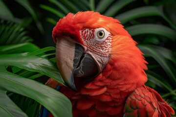 Fototapeta premium Ara parrot sitting on branch of tree in green jungle. Cute colorful wild Macaw parrot of scene from tropical forest. Exotic domestic pet concept for pet shop with free place for text.