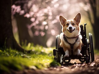 Corgi Dog in Wheelchair in Woods