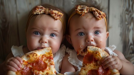 Two Baby Girls Eating Pizza Together