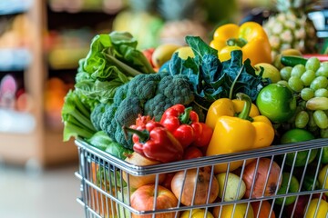 Colorful Array of Fresh, Ripe Fruits and Vibrant Vegetables in a Shopping Cart at a Grocery Store, Embodying Healthy Eating and Nutrition with Diverse Organic Produce for Balanced Diet and Wellness