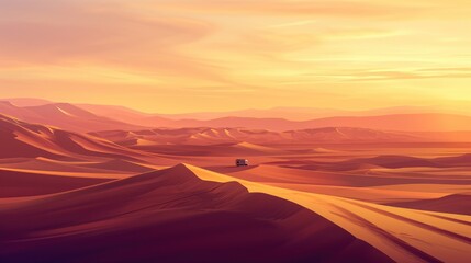 Fototapeta na wymiar The sun dips below the horizon, casting a warm golden glow over the smooth, windswept sand dunes of a vast and majestic desert landscape. The sun sets over a vast desert. Resplendent.