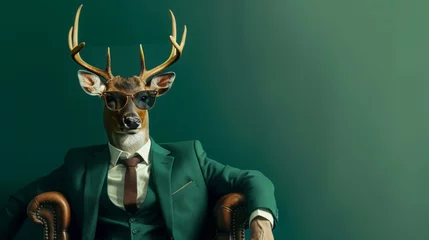 Plexiglas foto achterwand Modern deer, hipster sunglasses, business suit, sitting like a boss in chair, Executive, modern green background, copy and text space, 16:9 © Christian