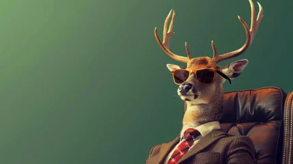 Fototapeten Modern deer, hipster sunglasses, business suit, sitting like a boss in chair, Executive, modern green background, copy and text space, 16:9 © Christian