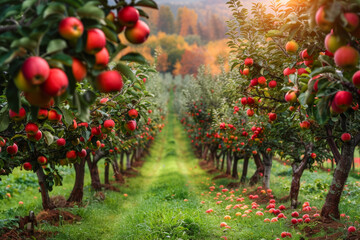 Fototapeta na wymiar Apple orchard pathway leads the eye through rows of fruitful abundance. Generated AI.
