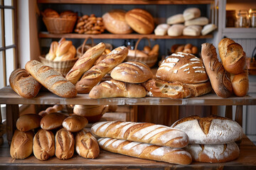 A bountiful display of fresh breads in a bakery window. Generated AI.