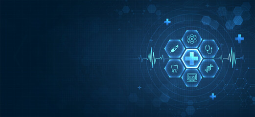 Health care medical science with icon digital technology world concept modern business. innovation, treatment, medicine. abstract about hi tech future blue background and medical research. vector. - obrazy, fototapety, plakaty