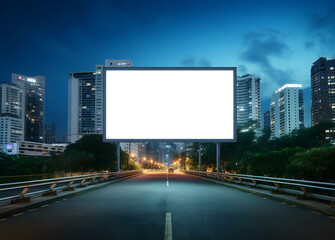 Fototapeta na wymiar Illuminated Billboard Mockup, in the Background Towers Over Bustling Streets